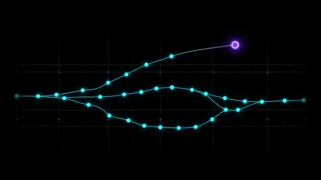 A branching tree of glowing nodes in dashed tiers, cyan lines climbing upward and one violet node at the top right.