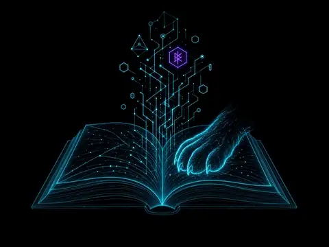 An open book drawn in cyan light, a ghost paw resting on the right-hand page among lines of glyphs, a violet hexagonal rune floating above.